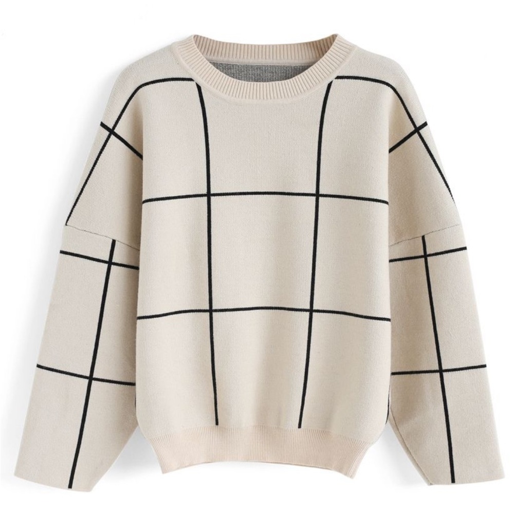 CHICWISH Grid Round Neck Sweater Large Wool Neutral Crewneck Black Grid NWT